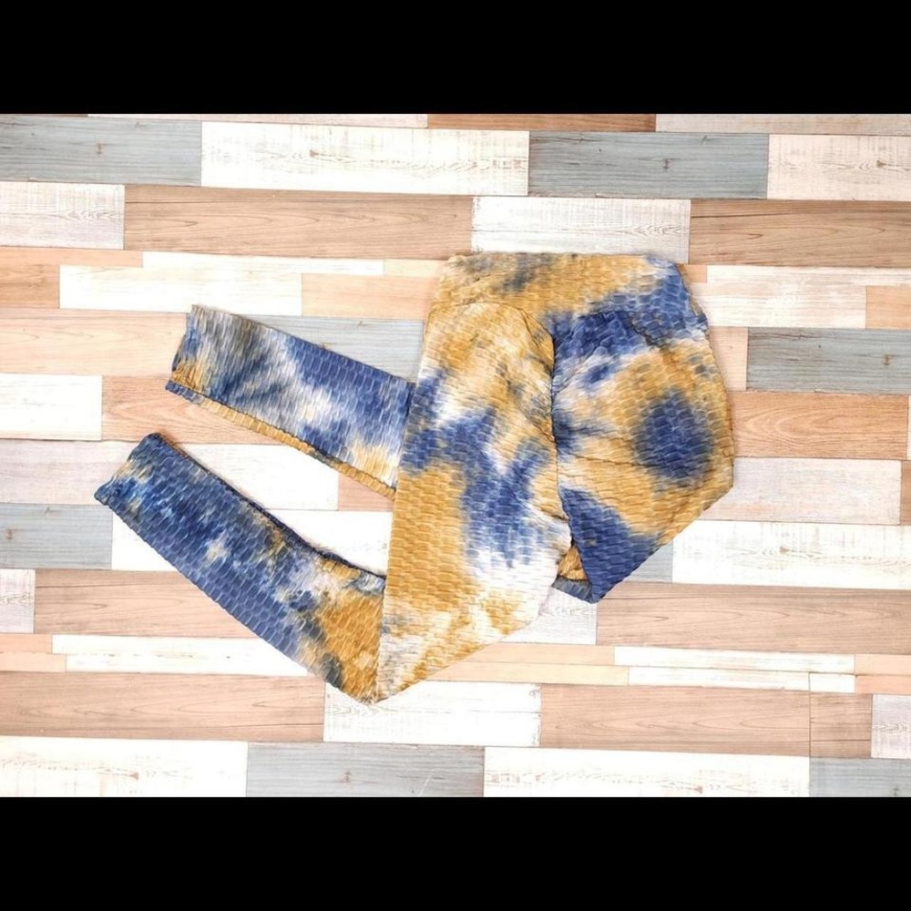 AQ-SPORT Blue‎ Yellow Tie Dye Honeycomb Scrunch Butt Leggings Womens Medium